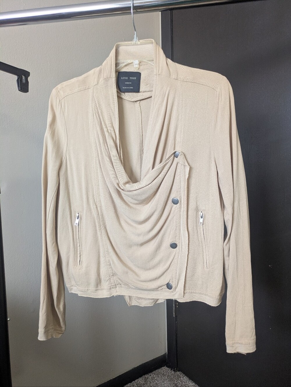 Love Tree Beige Draped Button-Front Utility Jacket